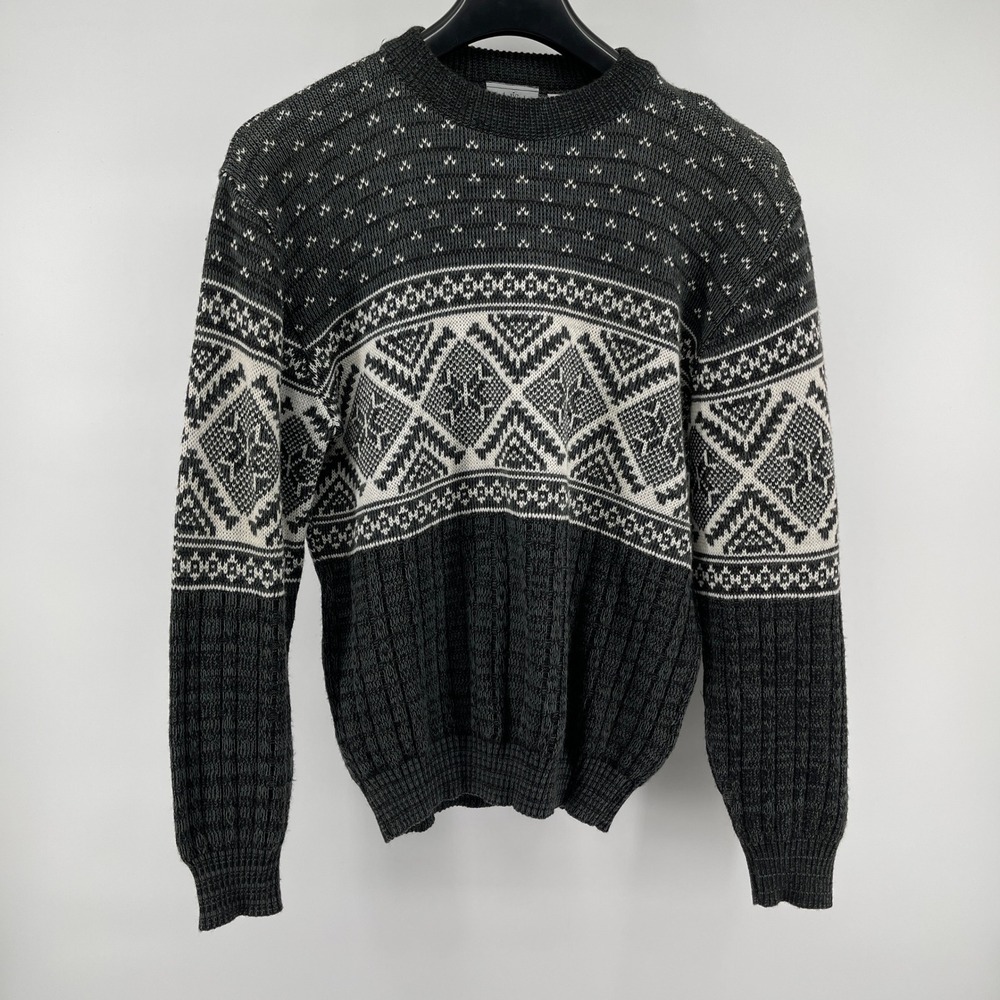 Vintage Rob Winter Sweater Mens Large Gray Fair Isle Birds Eye Acrylic‎
